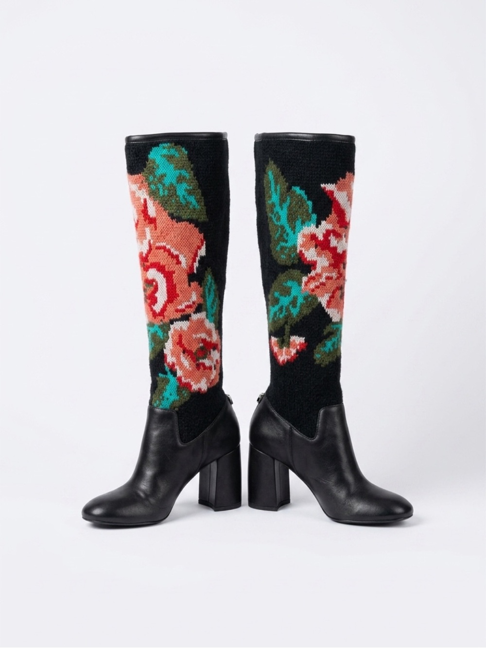 Rare NANETTE LEPORE Leigh Floral Sweater Knit Leather Knee High Boots.